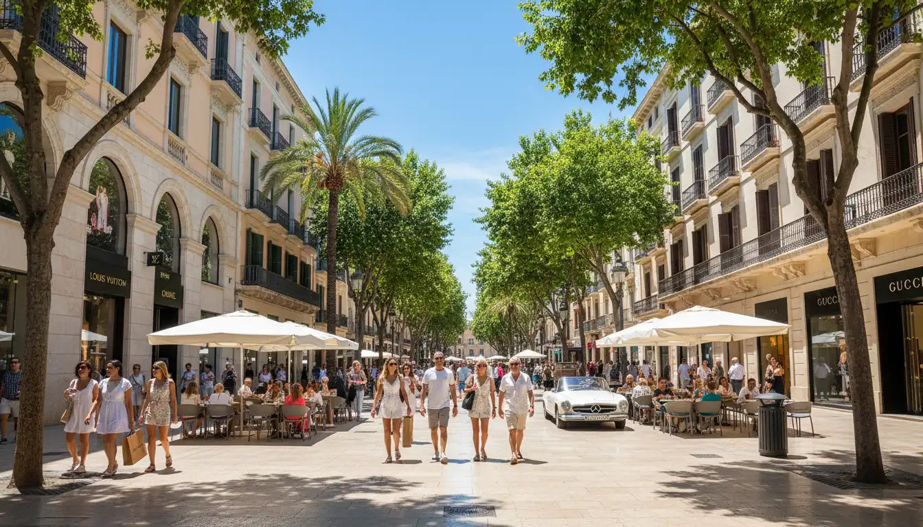People stroll along Mallorca’s sunny, tree-lined Passeig del Born, enjoying luxury shopping, outdoor cafes, and historic buildings.