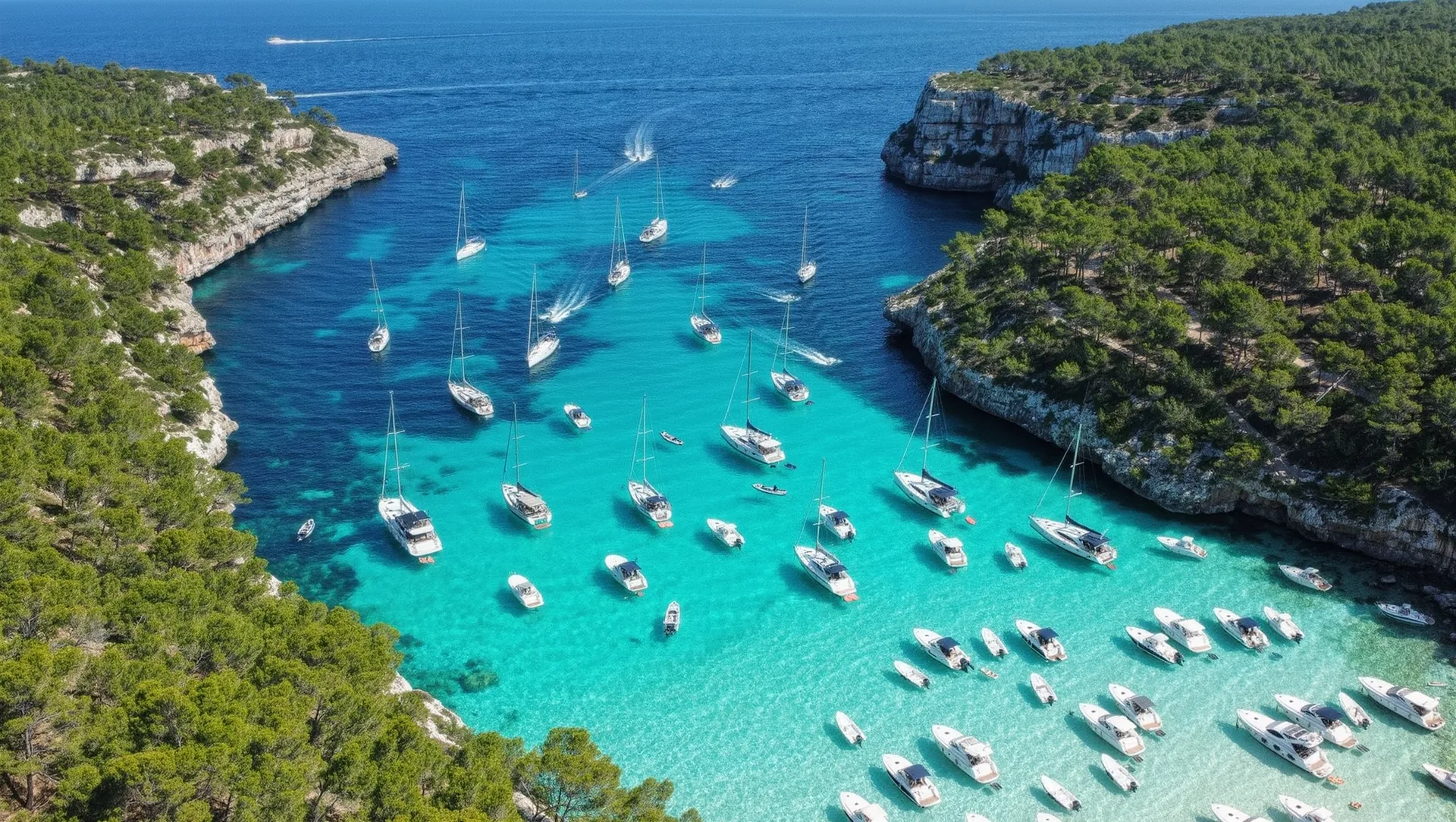 Aerial view of dozens of white charter yachts and sailing boats anchored in a wide Mallorcan bay over turquoise shallows.