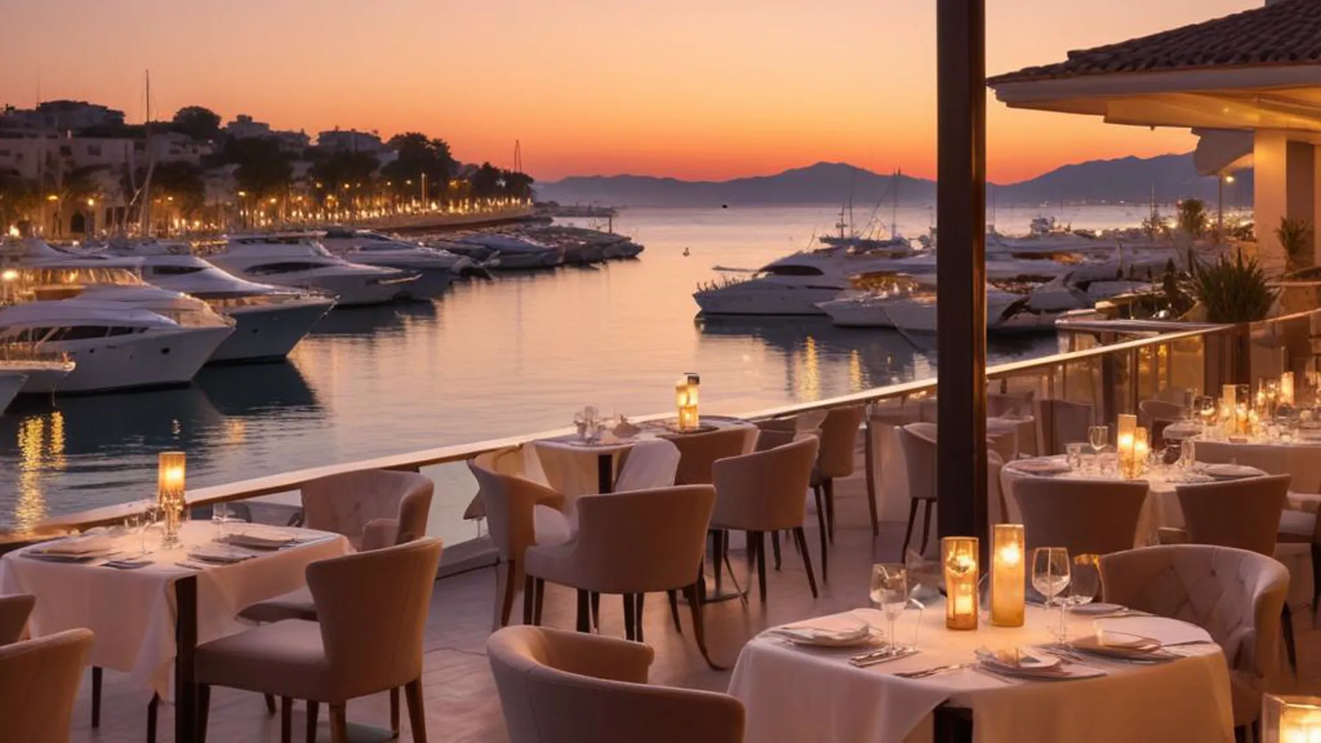 Elegant seaside restaurant terrace at sunset, overlooking yachts and calm water, with candlelit tables.