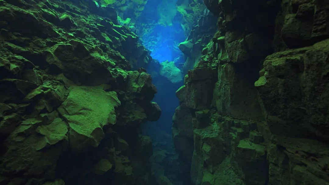 Explore an underwater rocky canyon near Porto Cristo, where greenish rocks and blue light shining from above evoke the magic of the Caves of Drach—an unforgettable setting perfect for private guided tours.