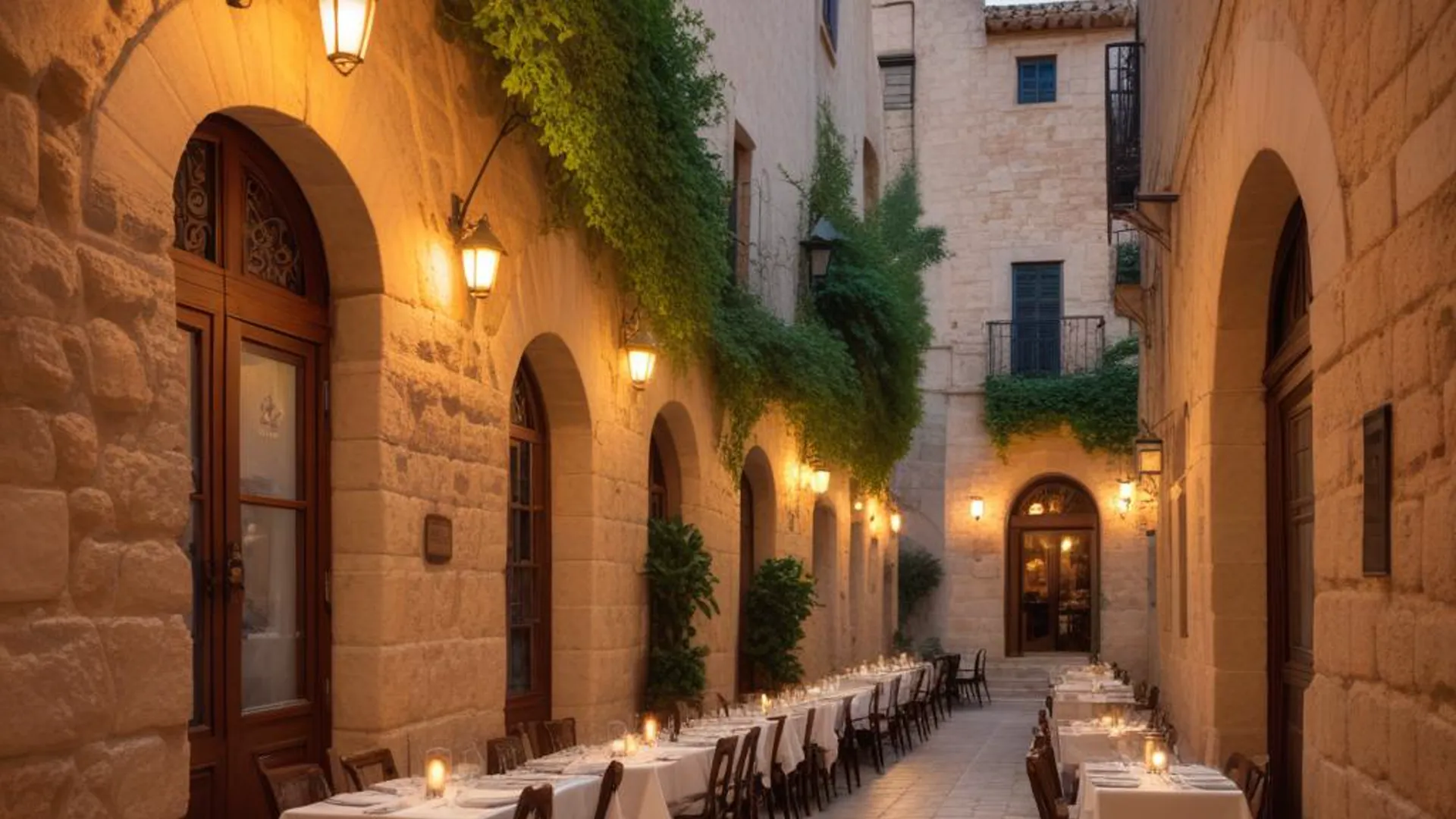 A charming outdoor restaurant with tables set along a narrow, stone alley lit by warm, glowing wall lamps.