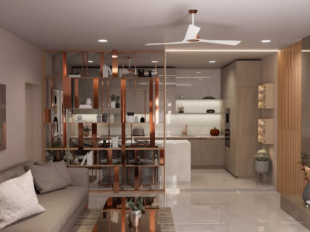 Modern open-plan living room and kitchen with a decorative shelf divider and neutral furnishings, inspired by luxury yacht cabins found near Port de Sóller.