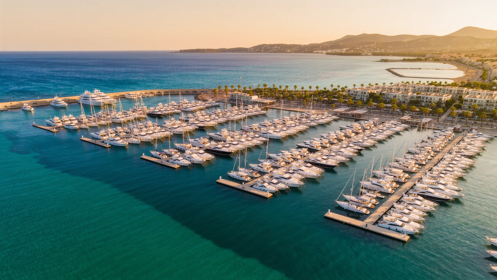 Aerial view of an exclusive Mallorcan marina in late afternoon light with rows of white yachts along pontoons and a palm lined promenade.