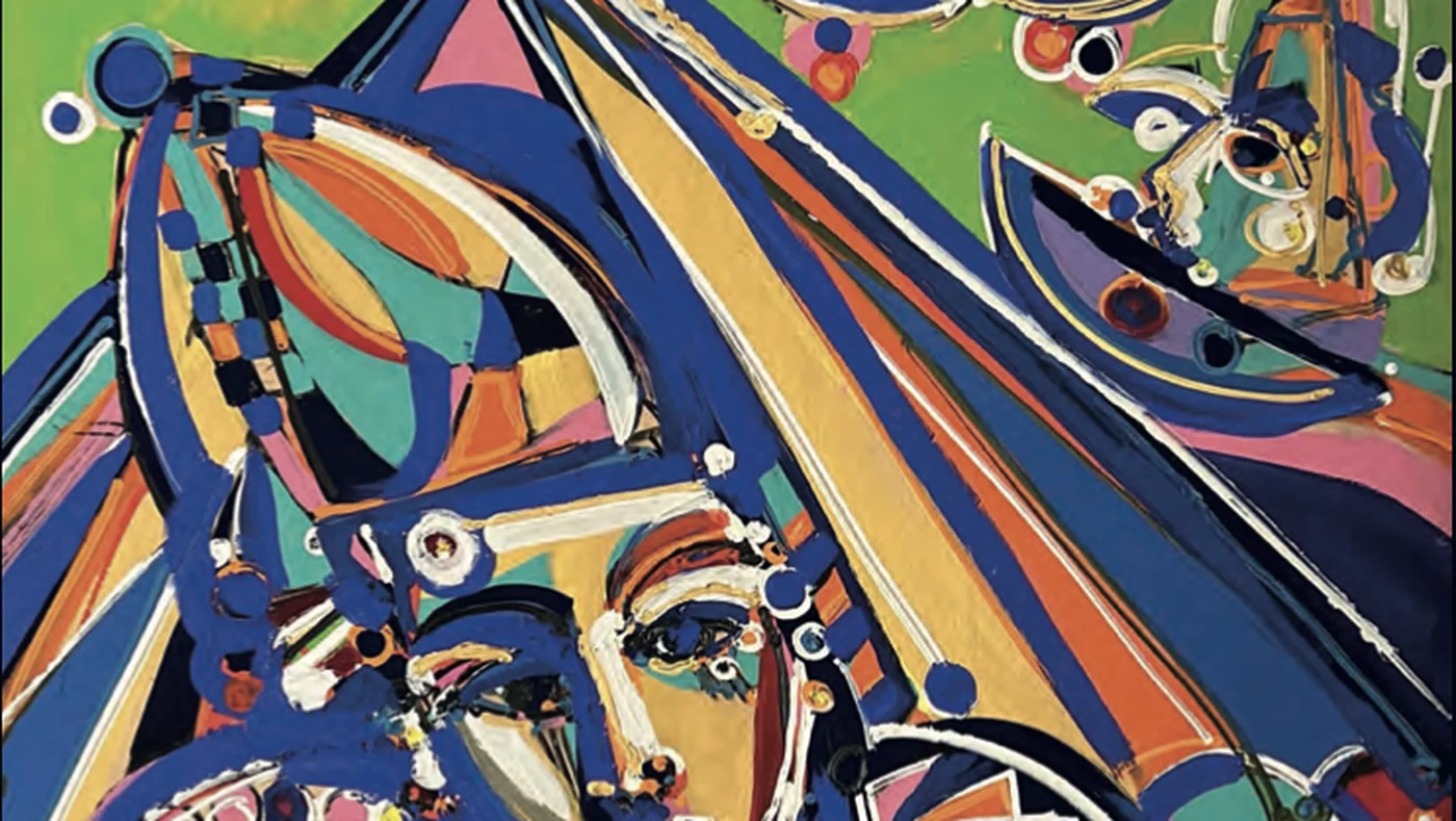 Detail of a large-format painting by Markus Tollmann in blue, orange and green