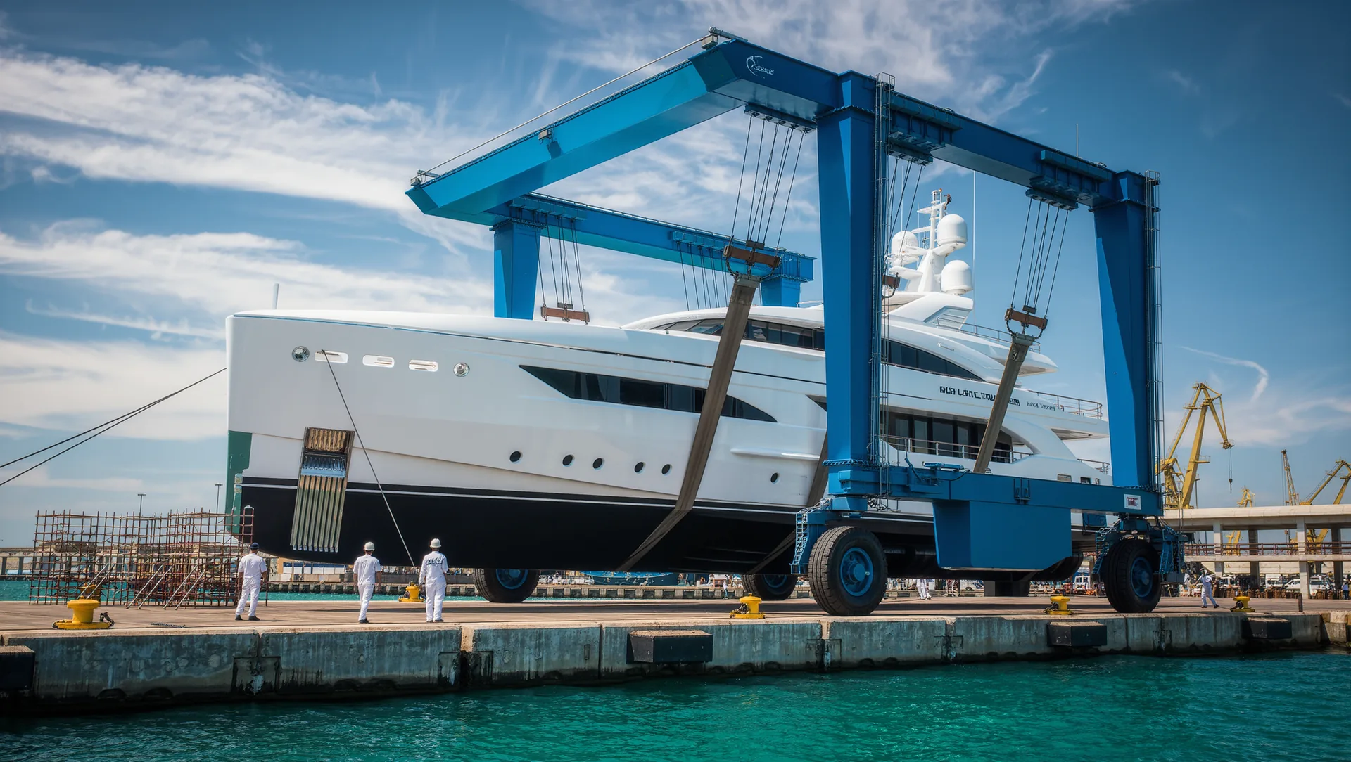 A very large white superyacht hull lifted out of the water by a huge blue travel lift gantry in a Mediterranean refit yard.