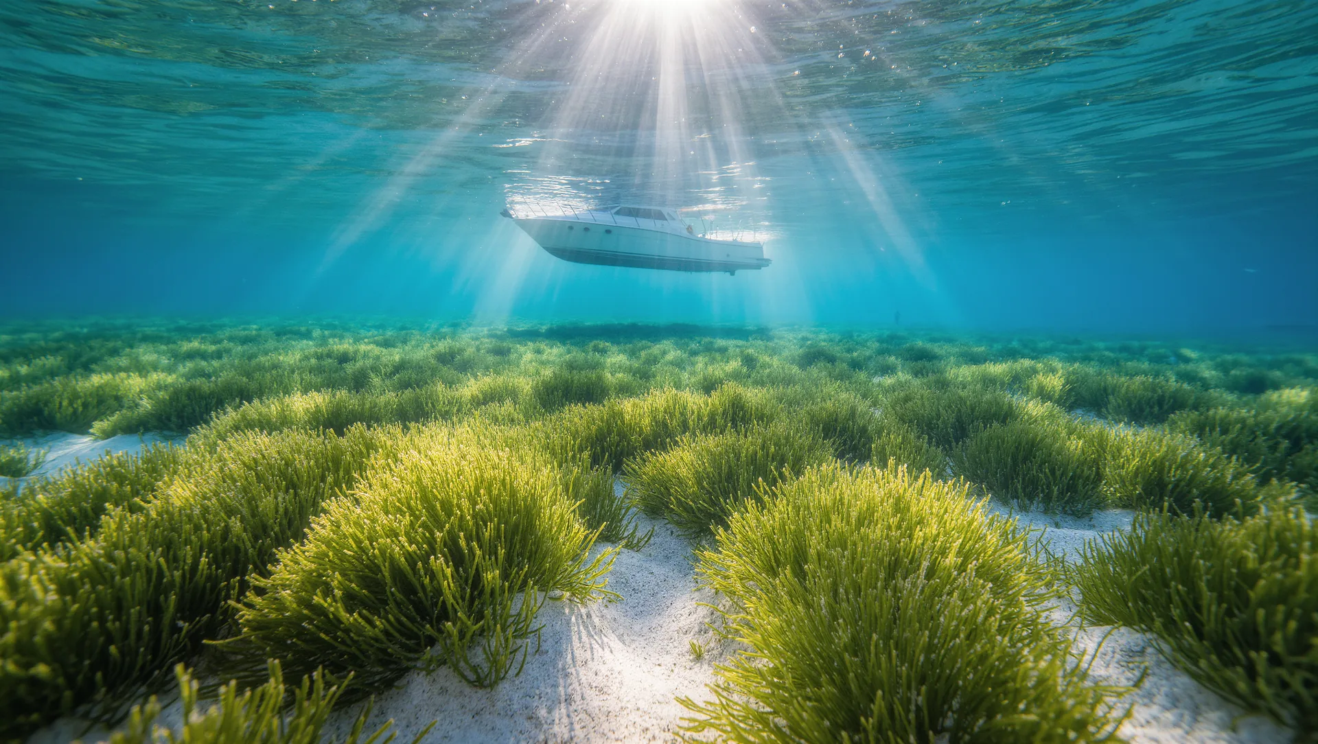 Underwater view of a dense Posidonia oceanica seagrass meadow in clear turquoise Balearic water with a yacht hull floating above.