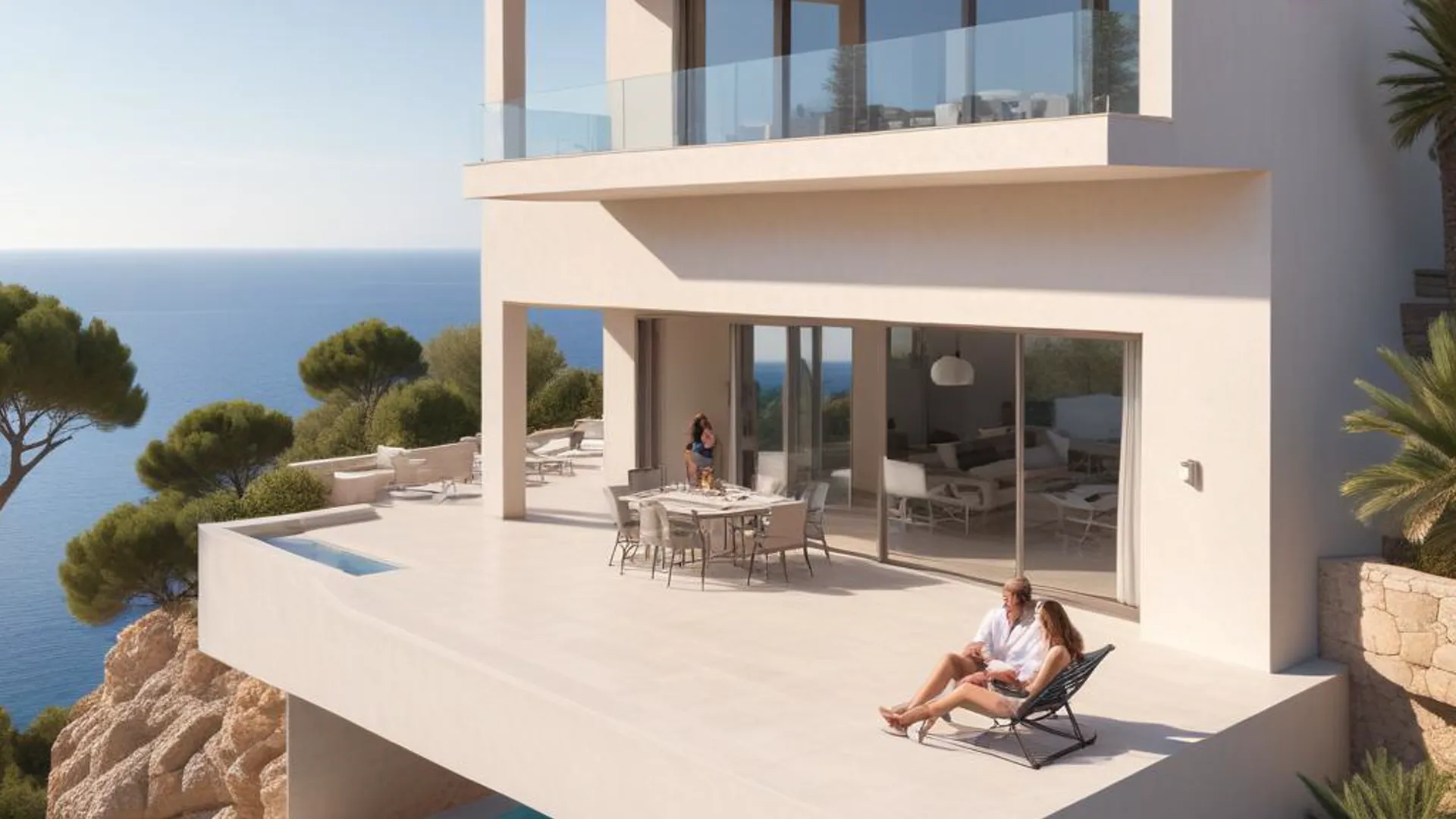 Modern seaside villa with a spacious terrace, lounge chairs, and ocean view; two people are relaxing outside.