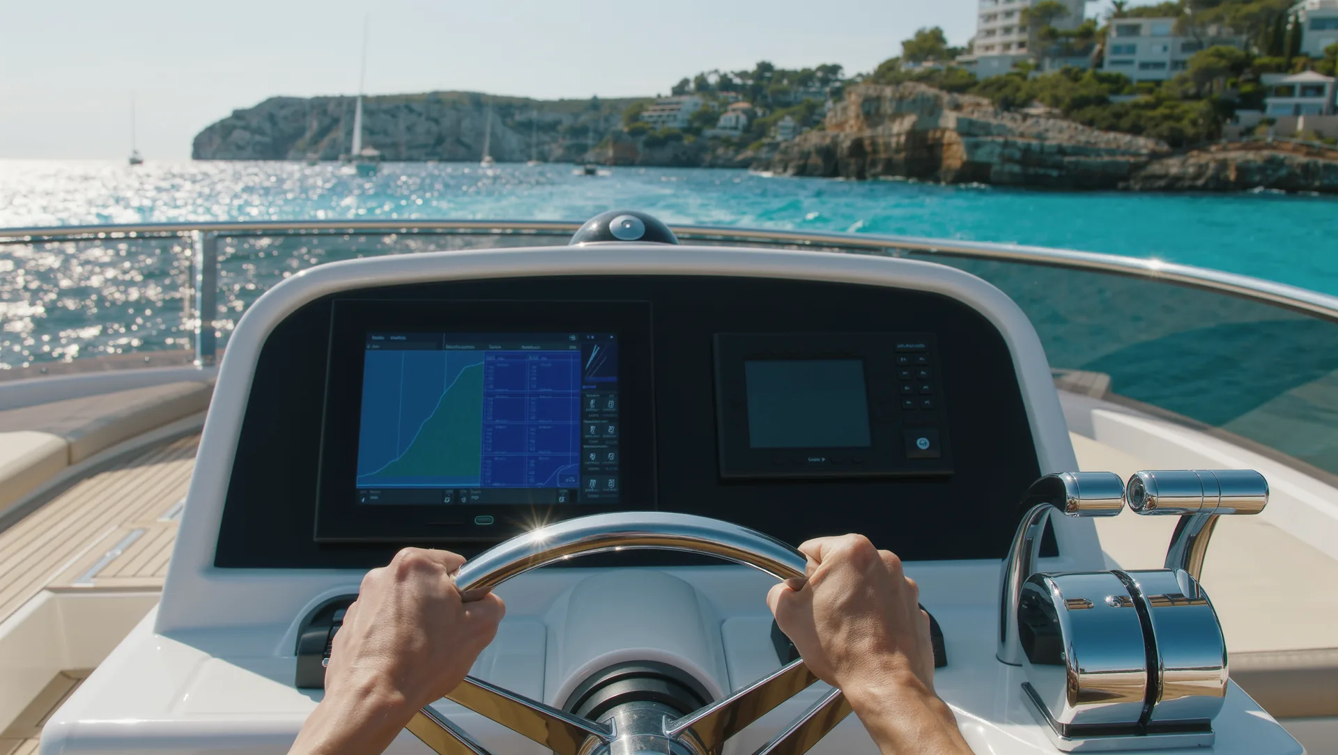 Hands on the stainless steel wheel of a motor yacht flybridge with an illuminated chart plotter, the Mallorca coastline ahead.