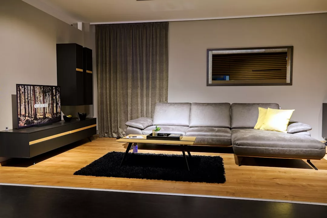 Modern living room with gray sofa, yellow pillow, coffee table, TV, and a black rug on wooden floor—styled like the refined interiors of boutique hotels for a smart investment in comfort and elegance.