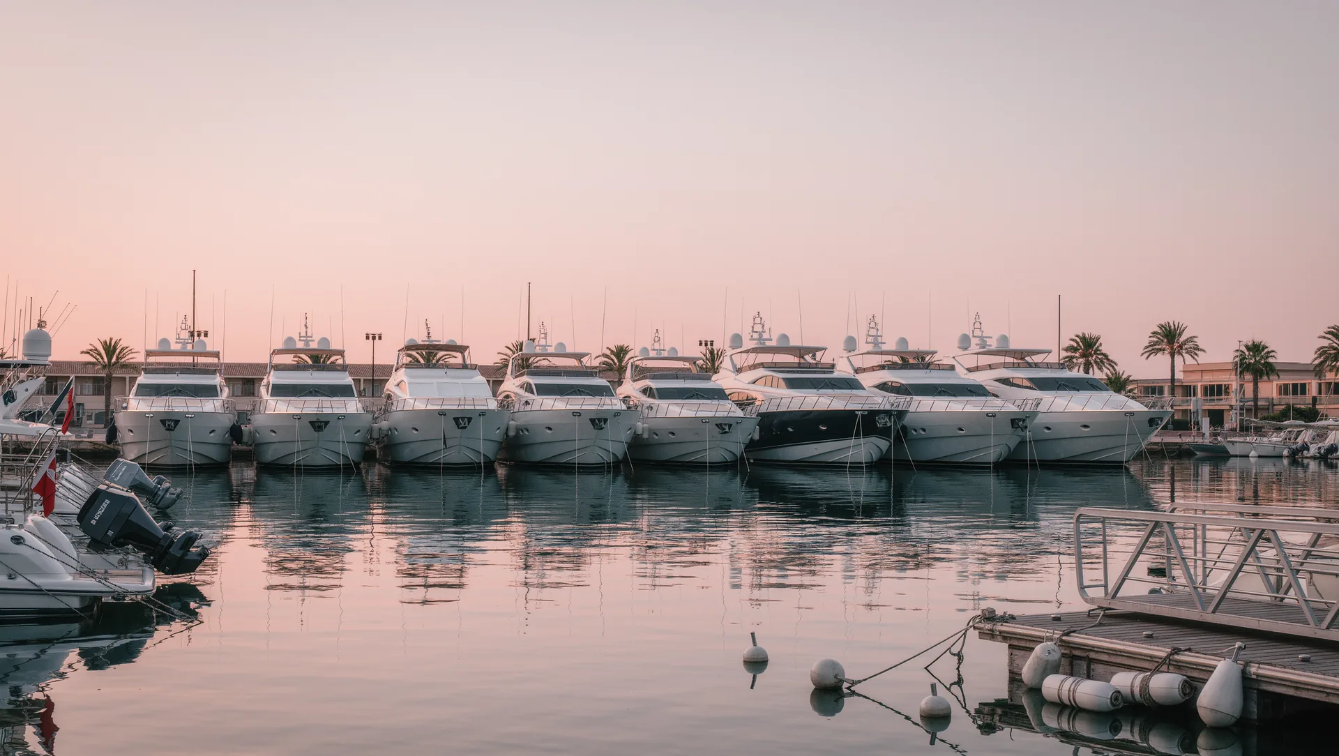 Charter yachts moored stern to along a quay in a Mallorcan marina at dawn with passerelles lowered and glassy water.