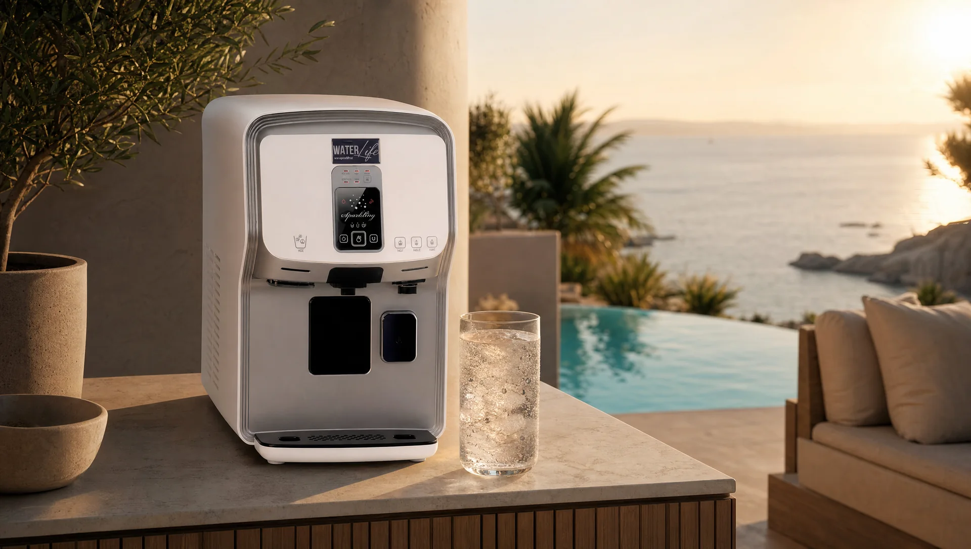 A sun-drenched Mediterranean terrace overlooking the sea on Mallorca, evoking the relaxed island lifestyle where a countertop system replaces bottled water.
