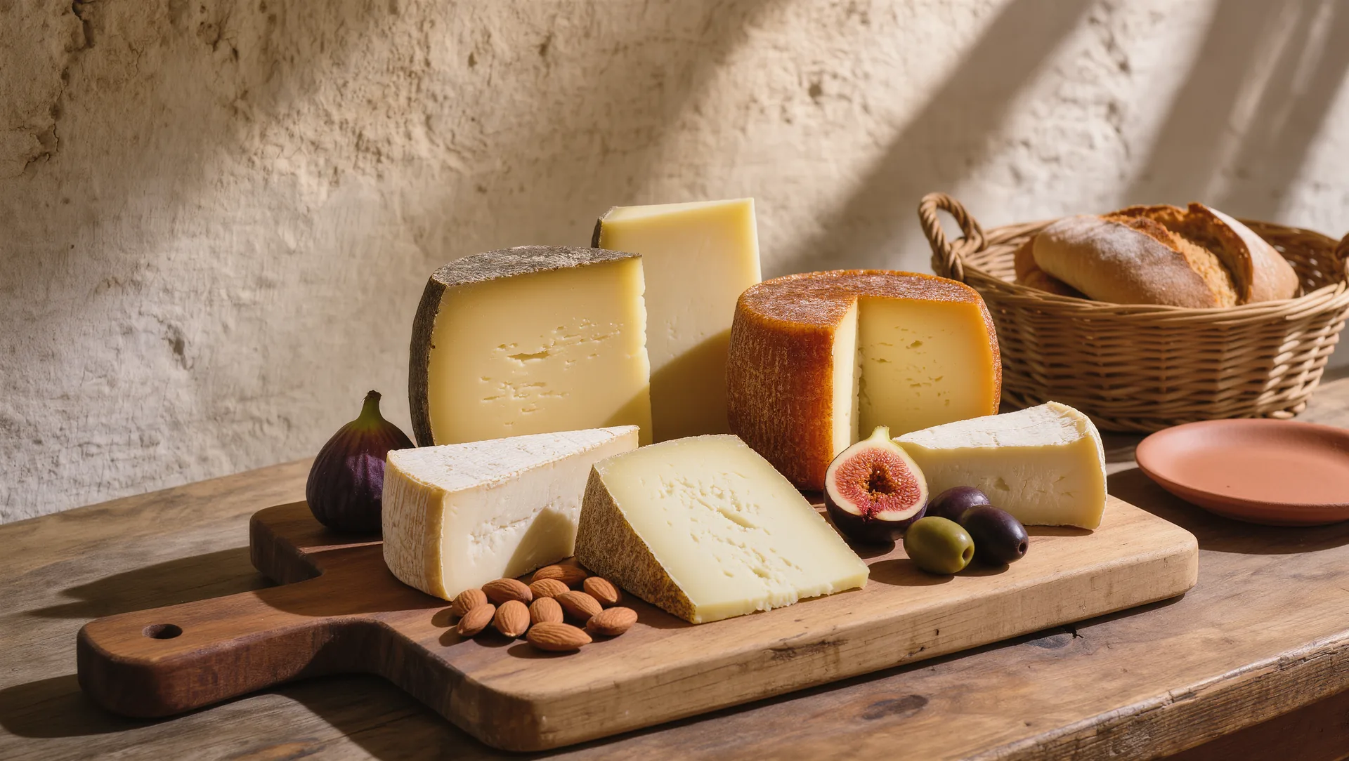 A rustic Mallorcan cheese board on an olive wood table with wedges at different maturities, figs, almonds and rustic bread.