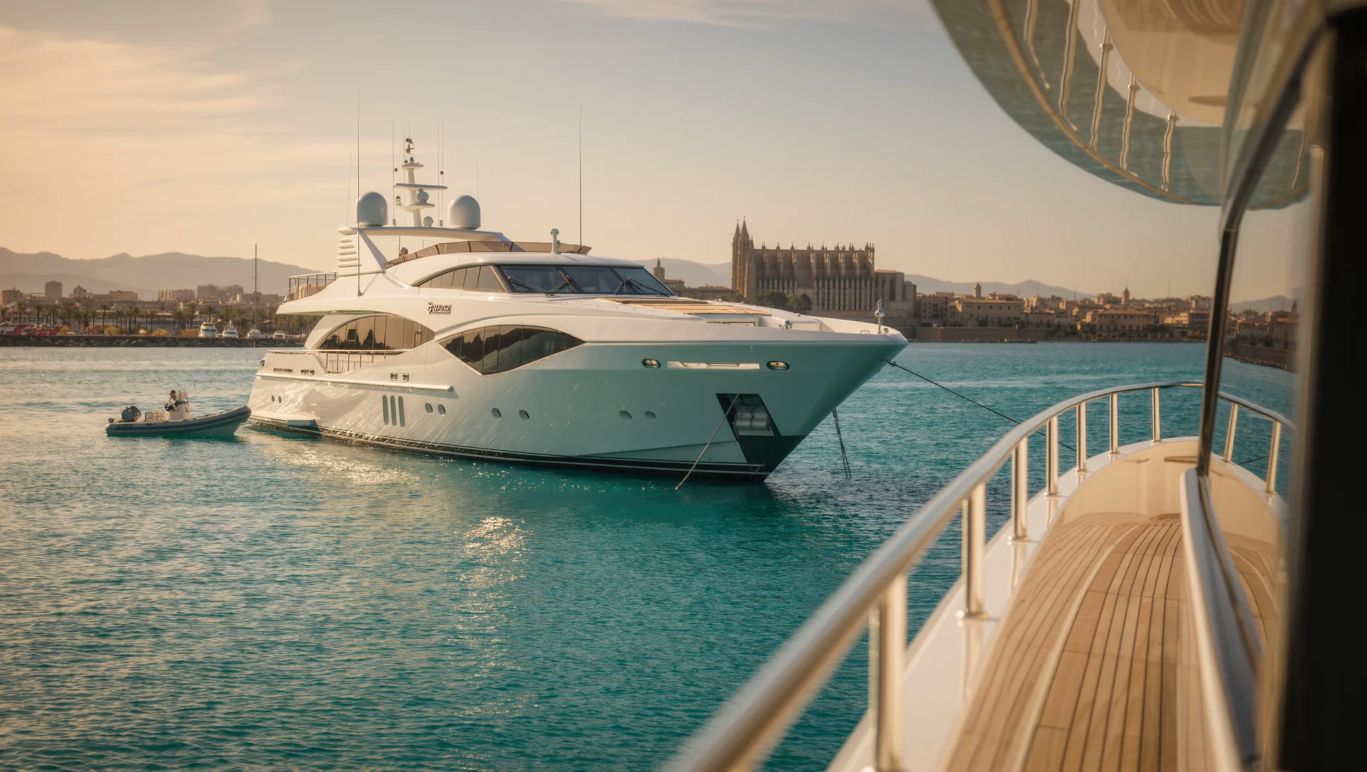 A white 30 metre motor yacht at anchor in the Bay of Palma at golden hour, tender alongside, Palma cathedral on the distant skyline.