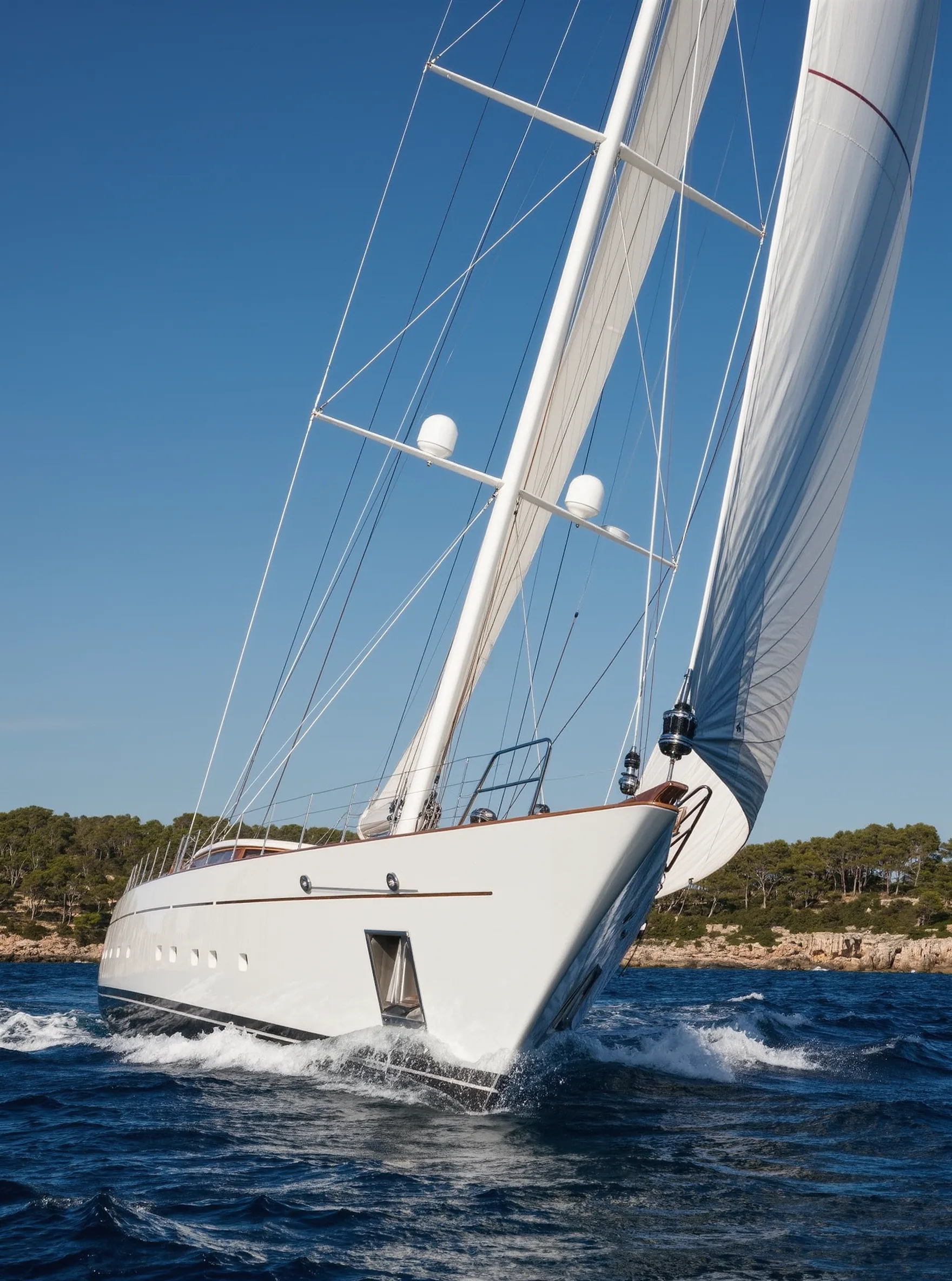 The bow of a large white sailing yacht under sail in deep blue water off Mallorca