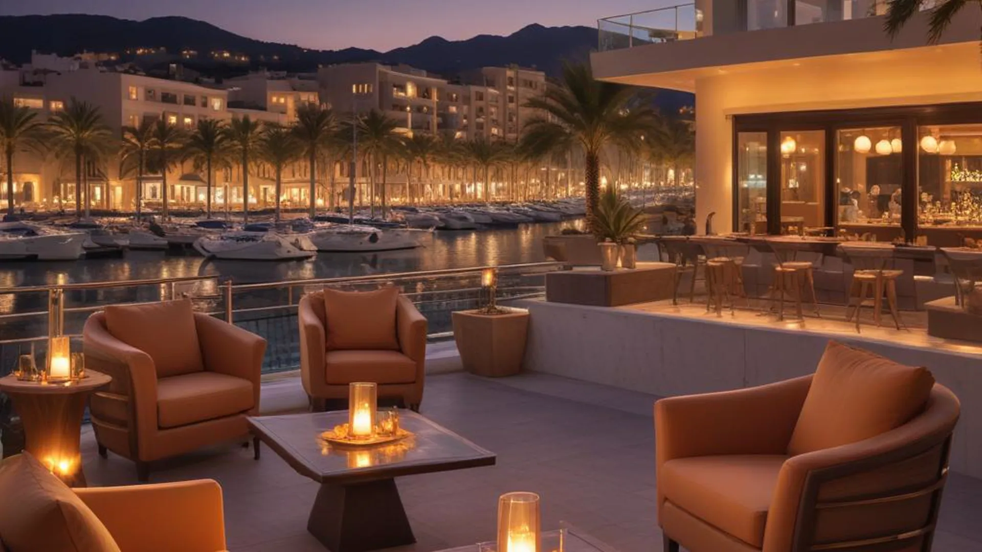 Modern outdoor lounge with cozy seating, candlelit tables, and marina view at sunset with palm trees and yachts.