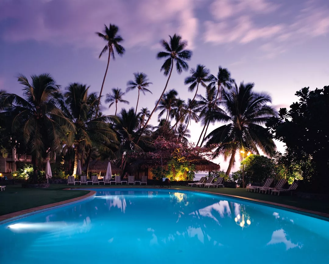 A luxury swimming pool in Majorca, surrounded by lounge chairs and tall palm trees, is beautifully lit up at dusk with a partly cloudy sky in the background.
