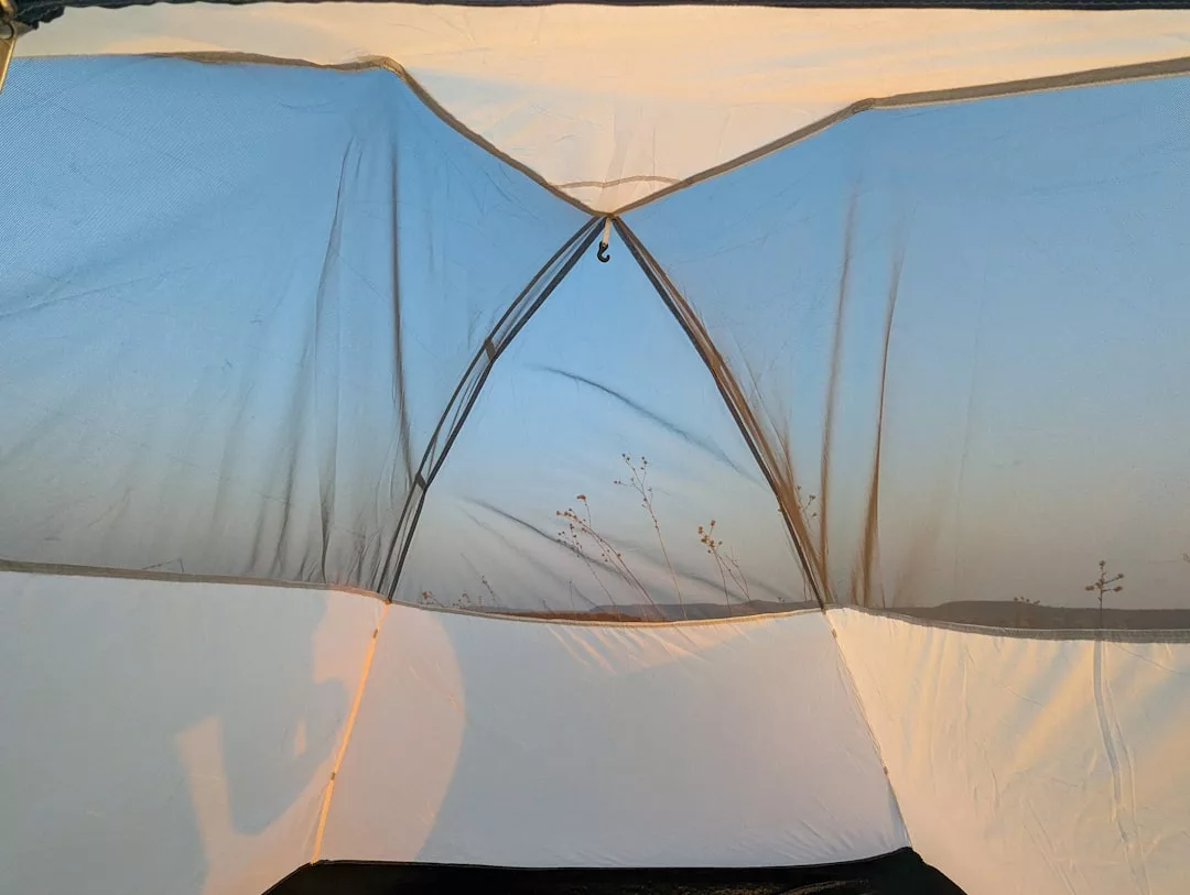View from inside a luxury tent looking out through mesh panels at a clear sky and distant plants, with a shadow cast on the tent wall—an inviting glimpse of the relaxed Majorca lifestyle.