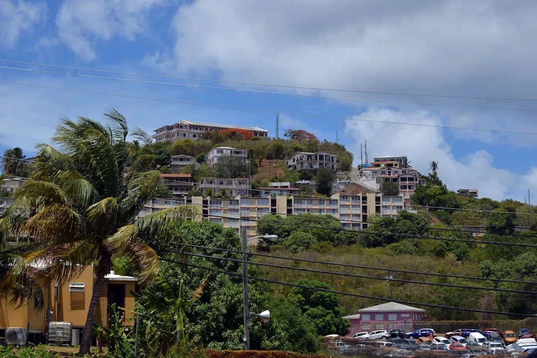 Buildings and houses are scattered on a hillside with trees in Majorca, under a partly cloudy sky; power lines cross the foreground and parked cars are visible at the bottom right, reflecting the island’s relaxed lifestyle.