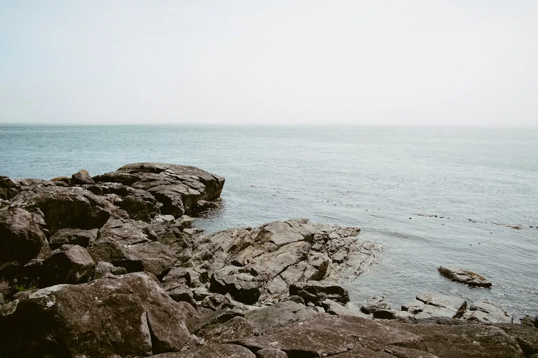 Rocky shoreline with large, jagged rocks extending into a calm, hazy body of water under a pale sky, capturing the serene luxury of Majorca's coastal lifestyle.