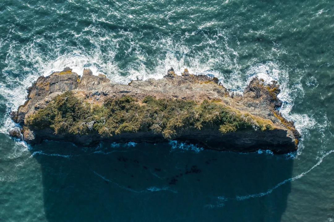 Aerial view of a rocky, tree-covered island surrounded by ocean waves, capturing the essence of Majorca's luxury lifestyle.